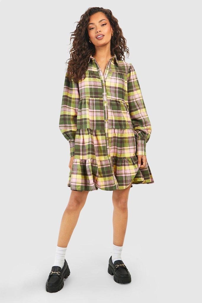 Womens Check Tiered Smock Dress - Green - 8, Green