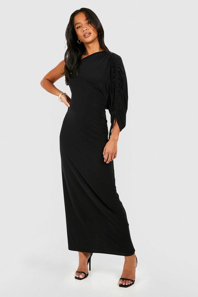 Womens Petite Asymmetric Ruched One Shoulder Maxi Dress - Black - 6, Black