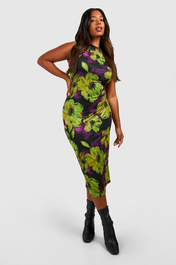 Womens Plus Floral Slinky High Neck Midi Dress - Green - 16, Green