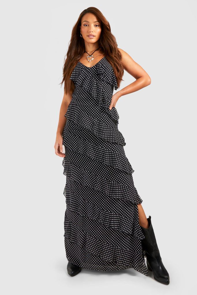 Womens Tall Polka Dot Chiffon Ruffle Detail Maxi Dress - Black - 6, Black