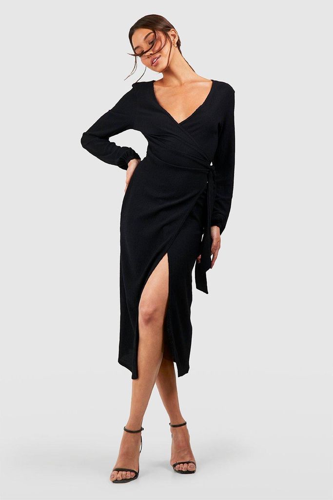 Womens Textured Wrap Midi Dress - Black - 8, Black