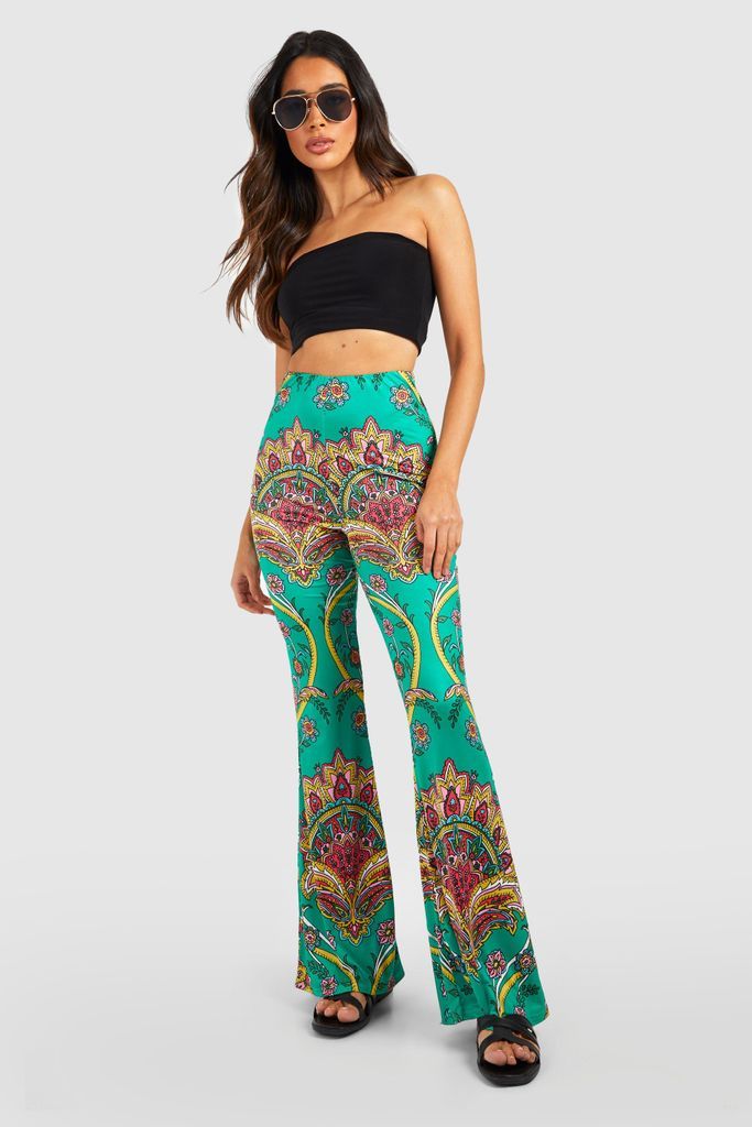 Womens Paisley Printed Slinky Flared Trousers - Green - 6, Green