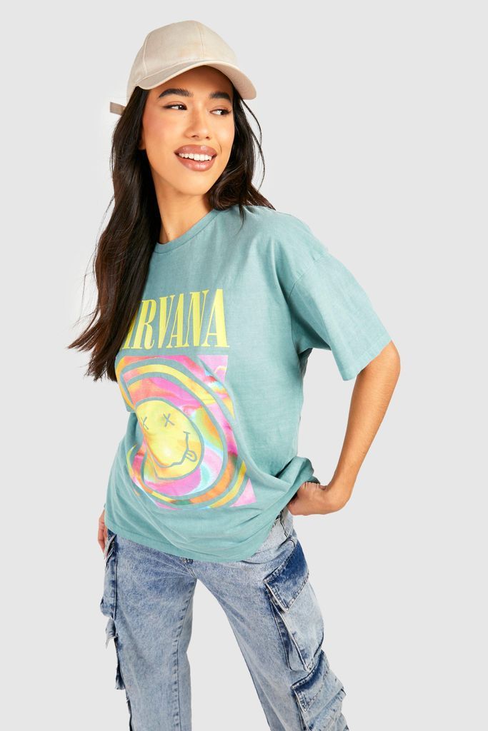 Womens Tall Nirvana License Washed T-Shirt - Green - 10, Green