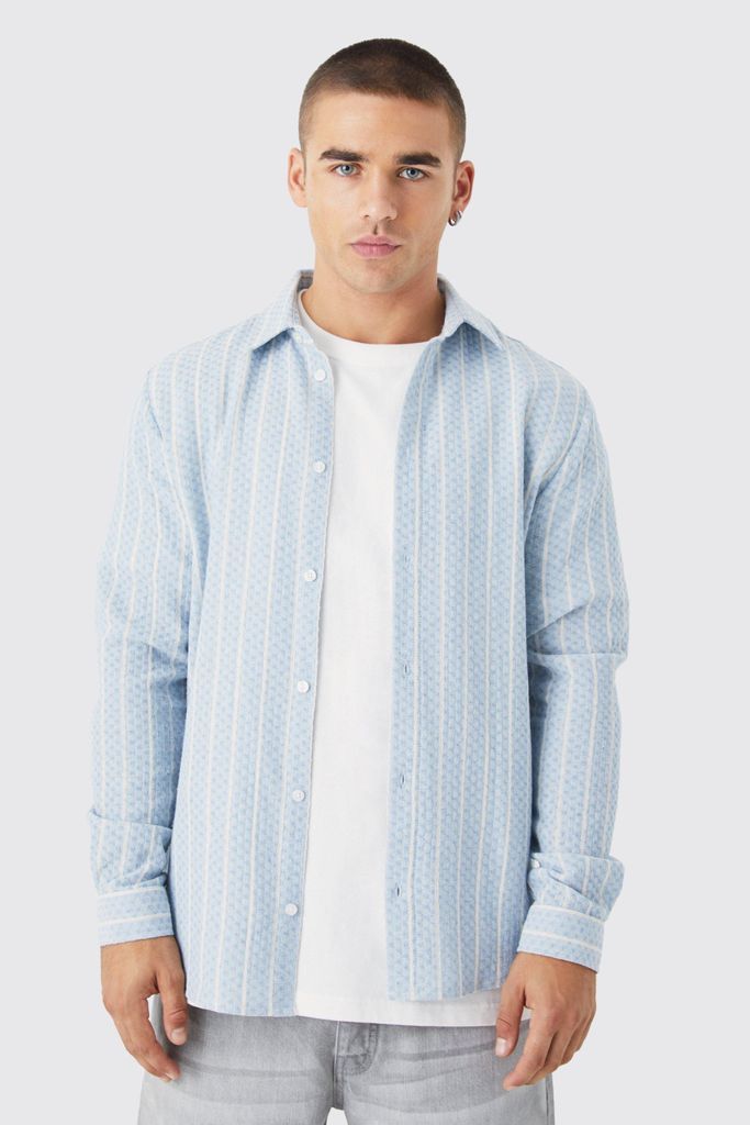 Men's Long Sleeve Textured Stripe Shirt - Blue - S, Blue