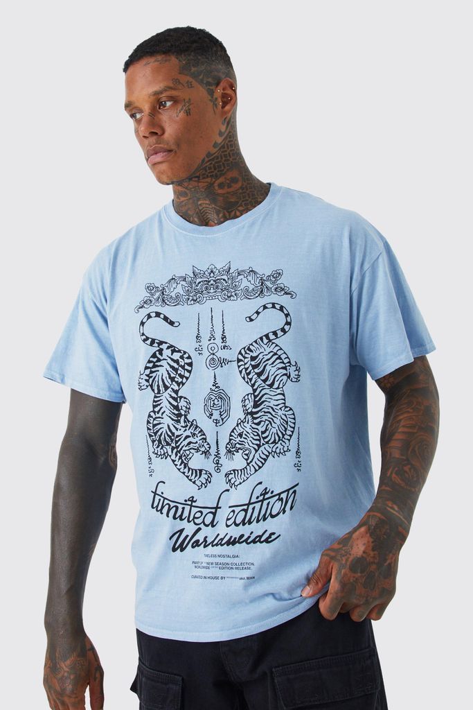 Men's Oversized Wash Tiger Graphic T-Shirt - Blue - S, Blue