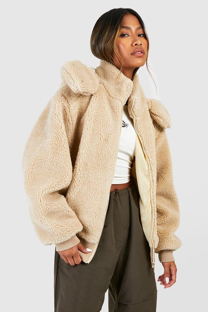 Womens Hooded Faux Fur Zip Detail Jacket - Beige - 8, Beige