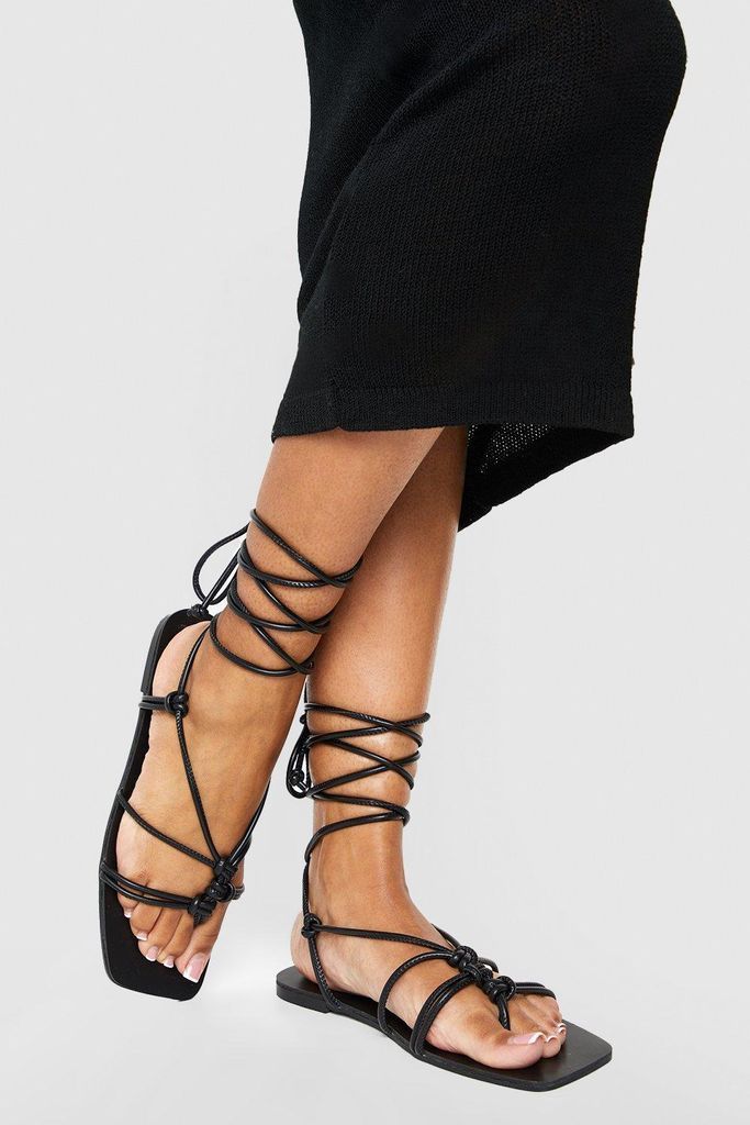 Womens Wide Fit Knot Detail Crossover Strap Tie Leg Sandals - Black - 3, Black