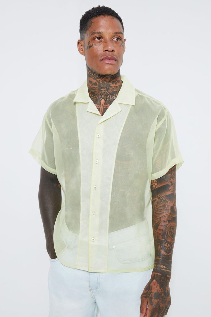 Men's Short Sleeve Organza Boxy Shirt - Green - L, Green