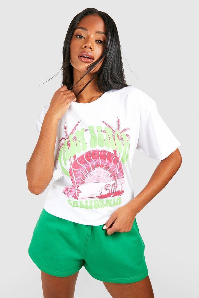 Womens Palm Beach California Printed Oversized T-Shirt - White - L, White
