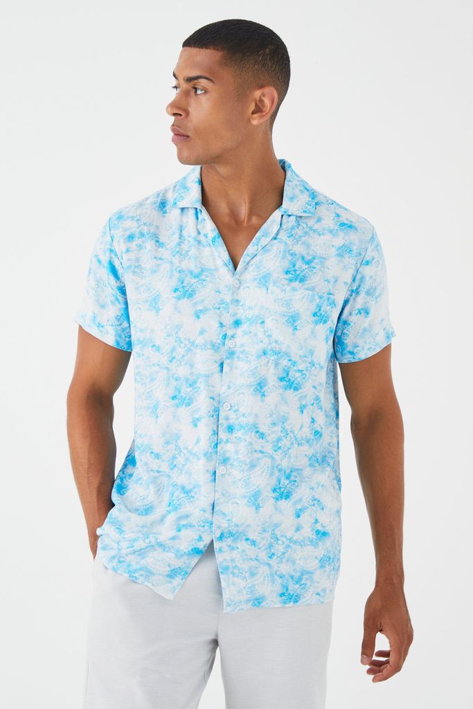 Men's Short Sleeve Viscose All Over Print Shirt - Blue - S, Blue
