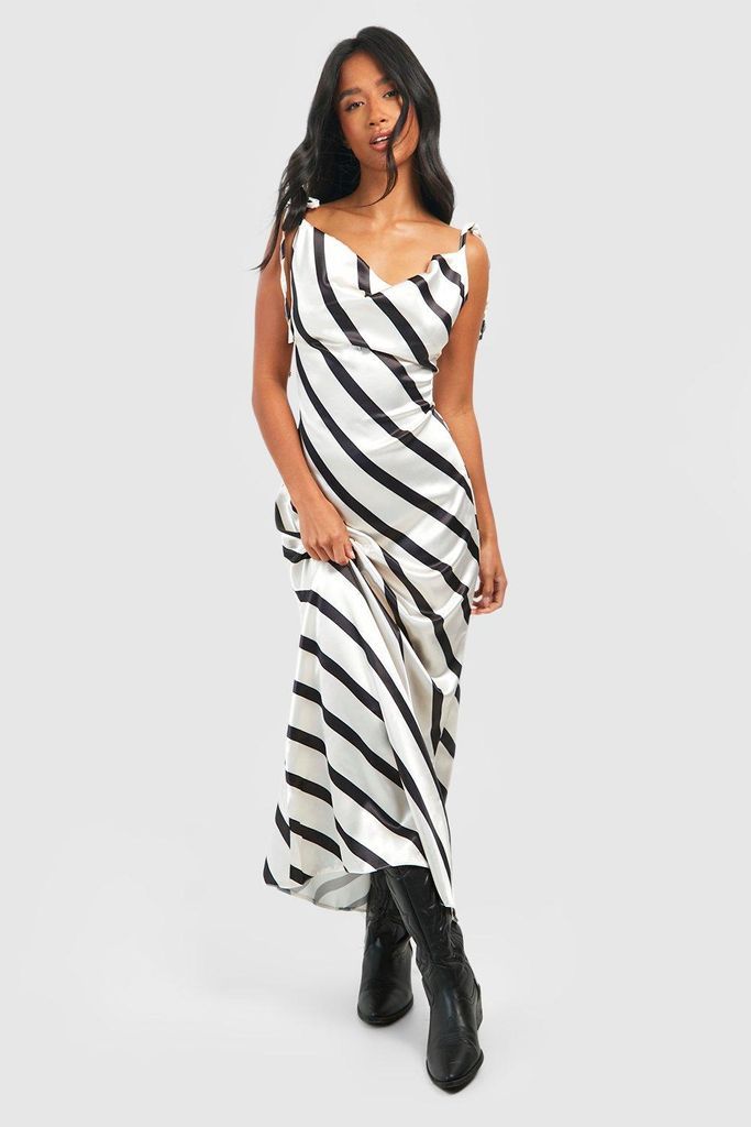 Womens Petite Stripe Satin Cowl Tie Back Maxi Dress - Beige - 6, Beige
