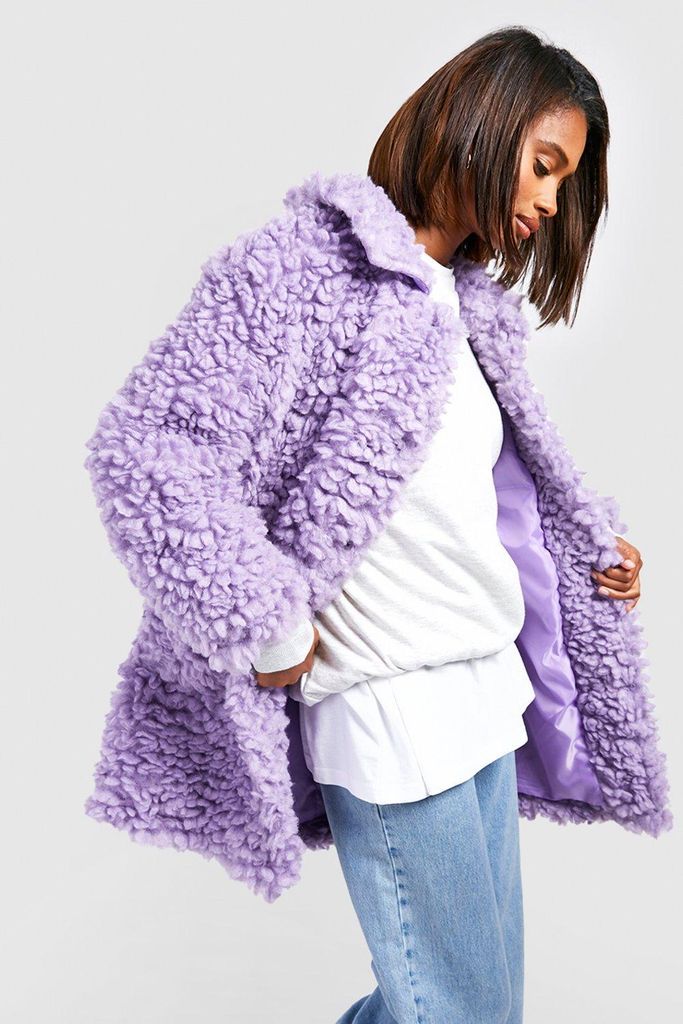 Womens Textured Collared Faux Fur Coat - Purple - 8, Purple