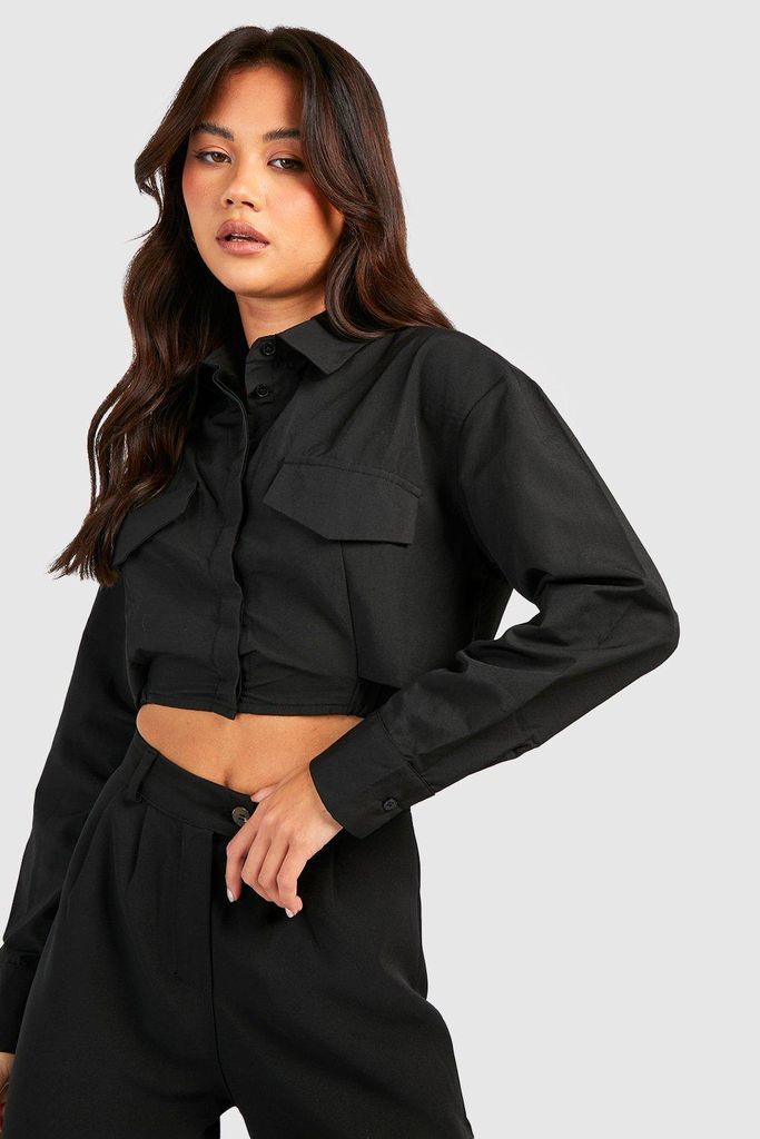 Womens Cropped Boxy Utility Shirt - Black - 12, Black