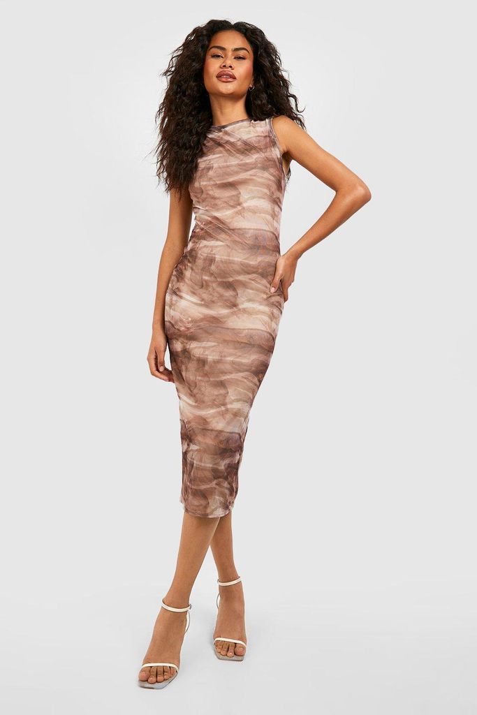 Womens Abstract Print Rouched Mesh Midi Dress - Beige - 18, Beige