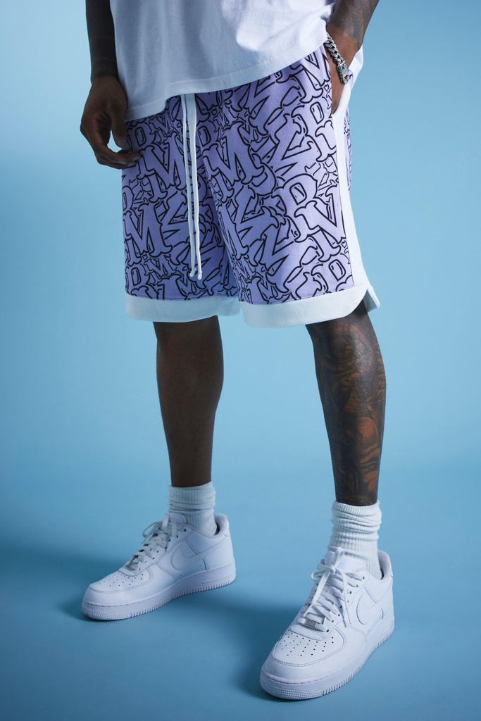 Men's Loose Fit Printed Basketball Short - Purple - M, Purple