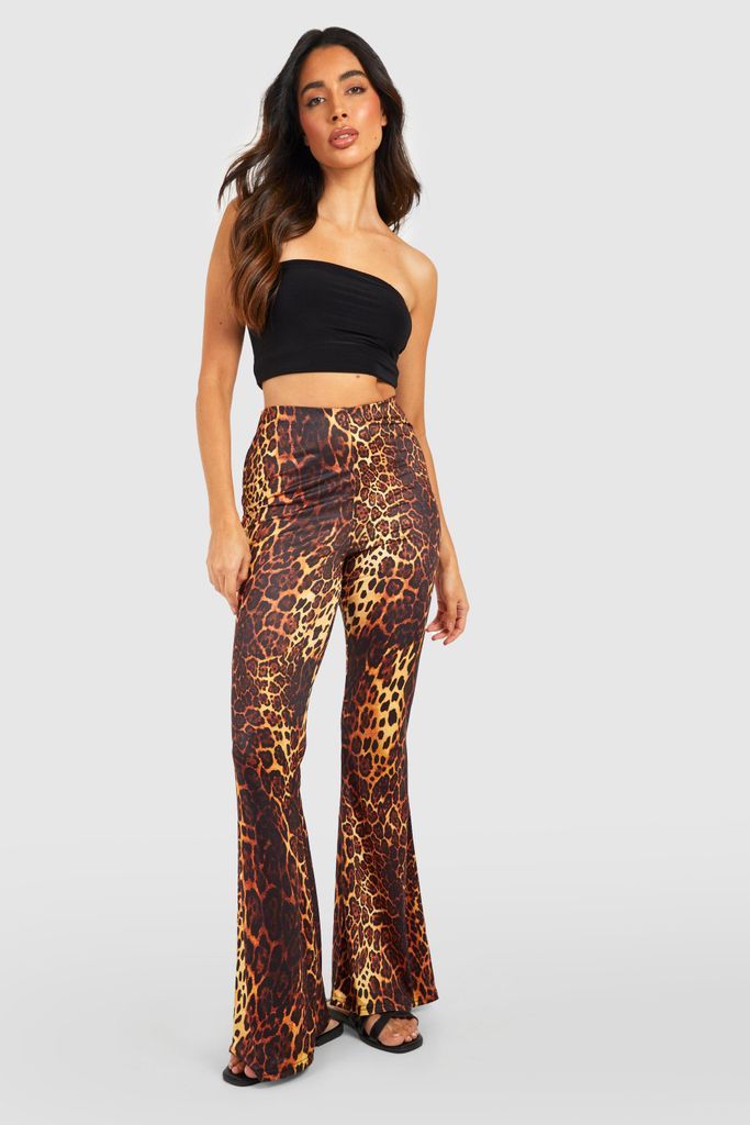 Womens Leopard Printed Slinky Flared Trousers - Brown - 6, Brown