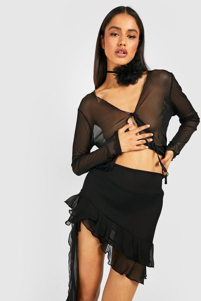 Womens Ruffle Drape Sheer Mini Skirt - Black - 8, Black