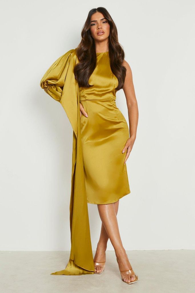 Womens Satin Puff Sleeve Bodycon Midi Dress - Yellow - 12, Yellow