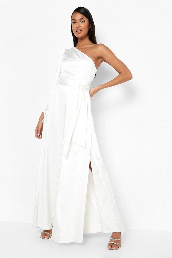 Womens Satin One Shoulder Drape Maxi Dress - White - 8, White