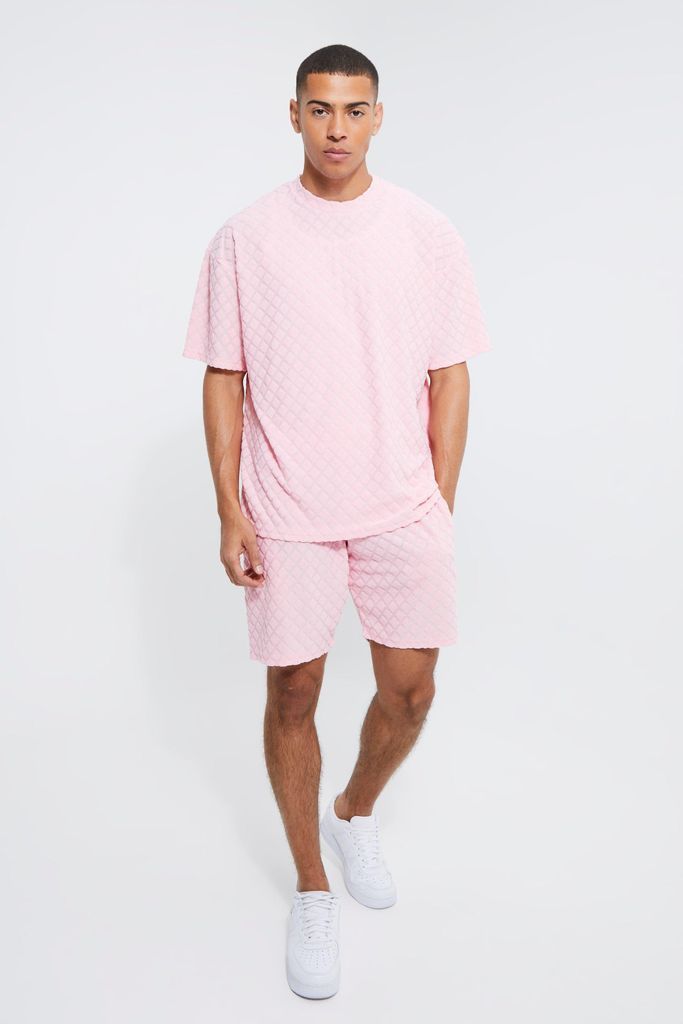 Men's Oversized Diamond Towelling T-Shirt & Short Set - Pink - S, Pink