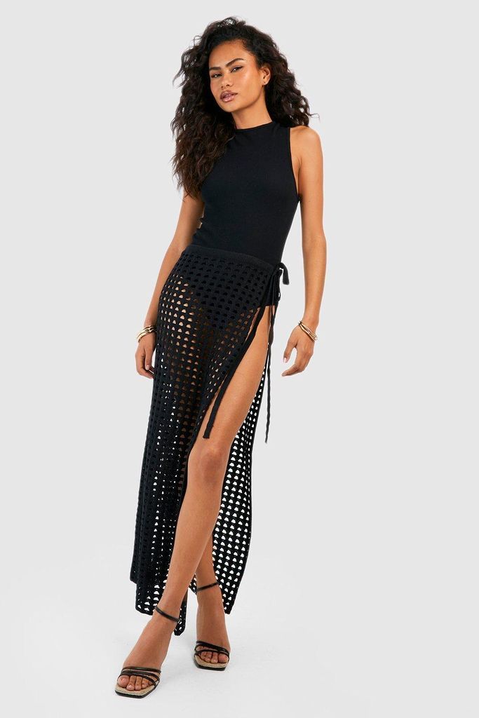 Womens Thigh Split Crochet Maxi Skirt - Black - L, Black