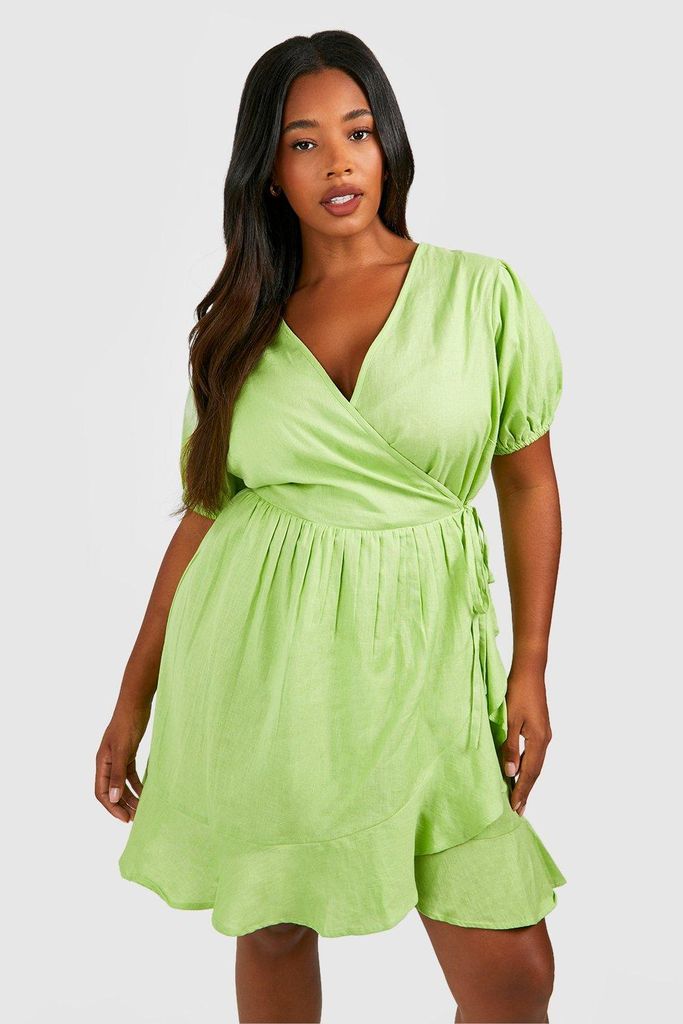Womens Plus Woven Ruffle Wrap Dress - Green - 28, Green