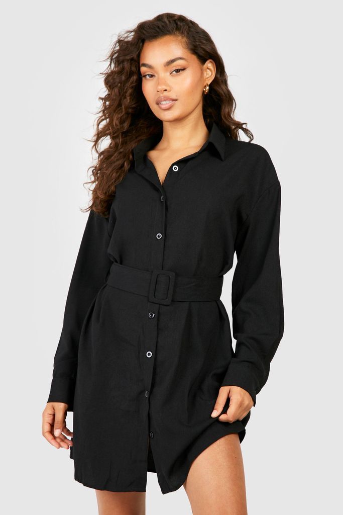 Womens Belted Button-Down Long Sleeve Shirt Dress - Black - 8, Black