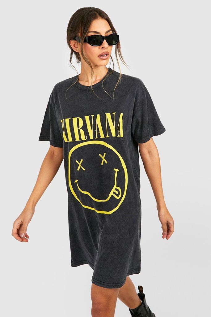 Womens Nirvana Acid Wash Slogan Smiley T-Shirt Dress - Black - 18, Black