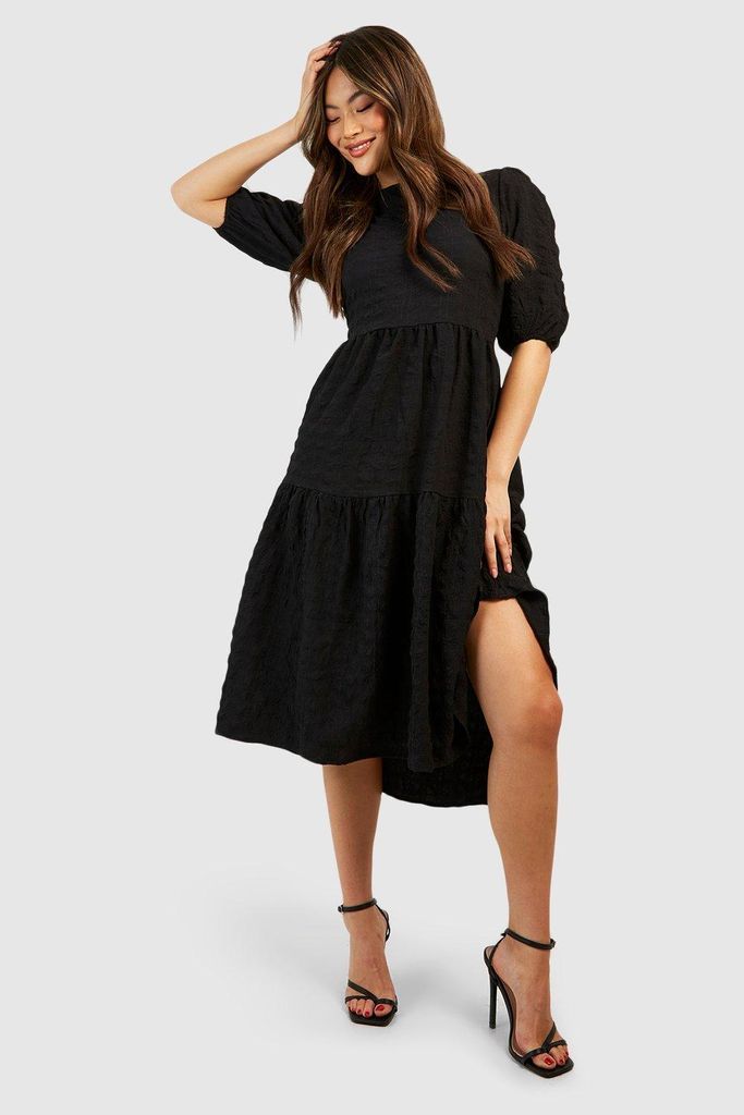 Womens Textured Puff Sleeve Tiered Midi Dress - Black - 8, Black