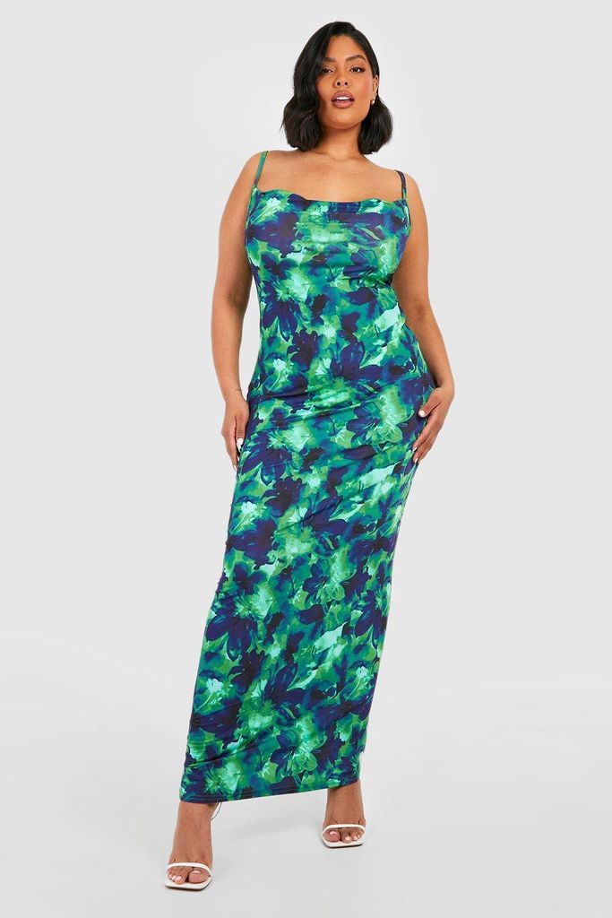 Womens Plus Slinky Printed Cowl Neck Maxi Dress - Green - 18, Green