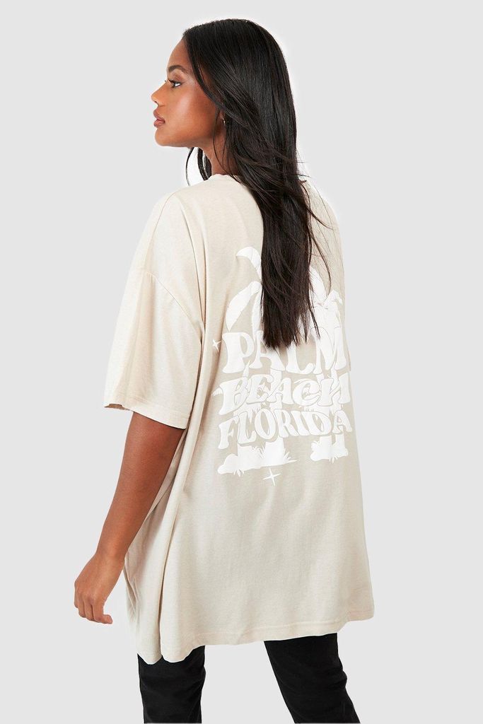 Womens Palm Beach Back Print Super Oversized T-Shirt - Beige - S, Beige