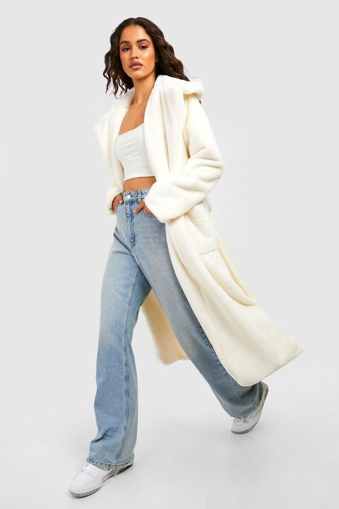 Womens Faux Fur Belted Oversized Coat - White - 8, White