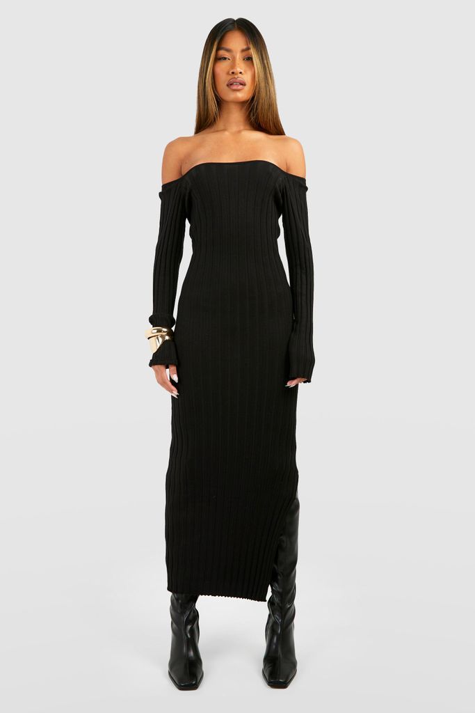 Womens Off The Shoulder Rib Knit Maxi Dress - Black - 8, Black