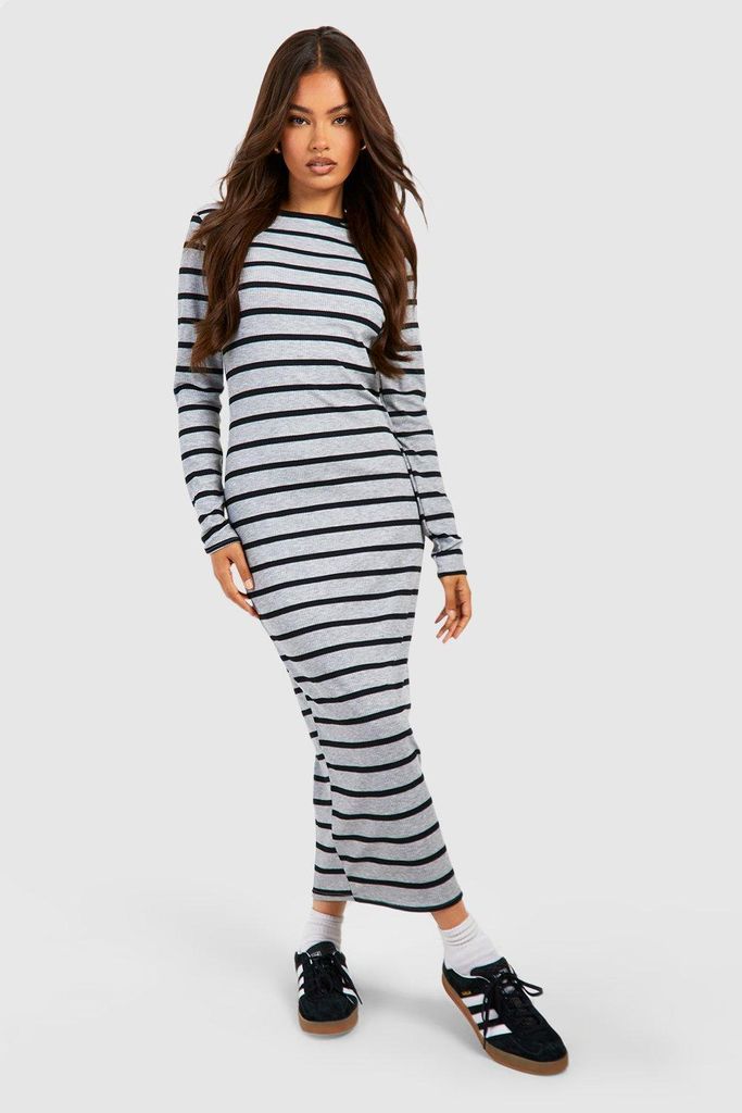 Womens Stripe Rib Long Sleeve Midaxi Dress - Grey - 8, Grey