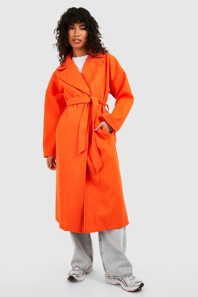 Womens Super Oversized Textured Belted Wool Coat - Orange - 8, Orange