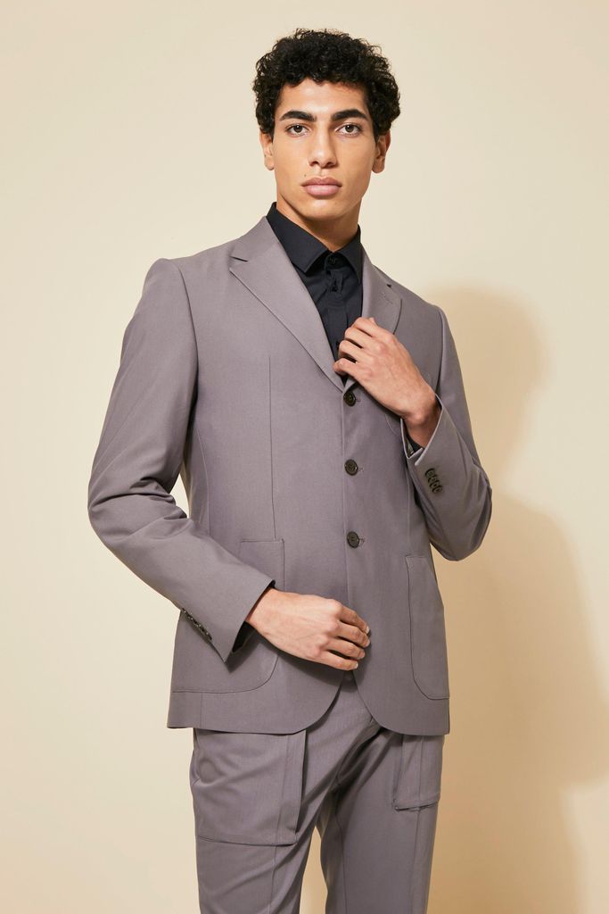 Men's Single Breasted Patch Pocket Slim Suit Jacket - Beige - 36, Beige