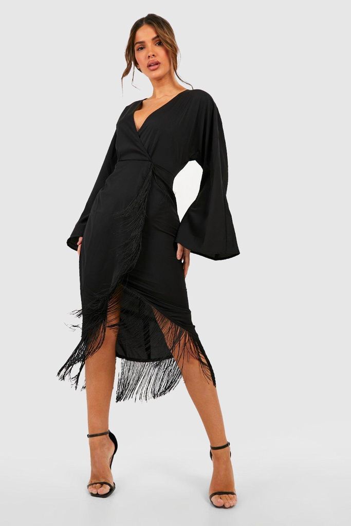 Womens Tassel Hem Wrap Midi Dress - Black - 8, Black