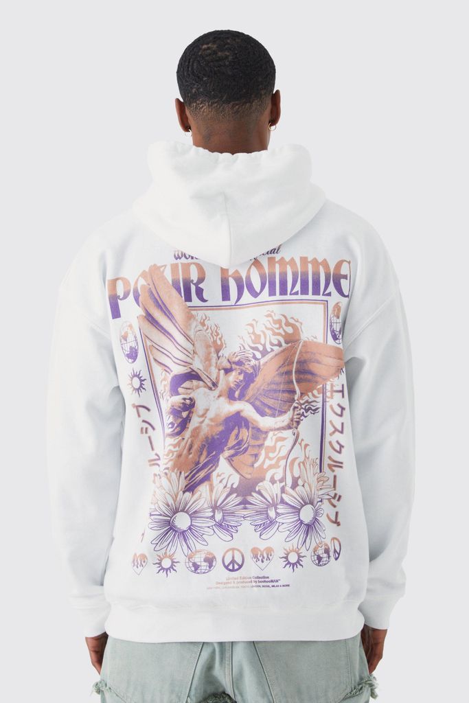 Men's Oversized Floral Cupid Back Graphic Hoodie - White - S, White