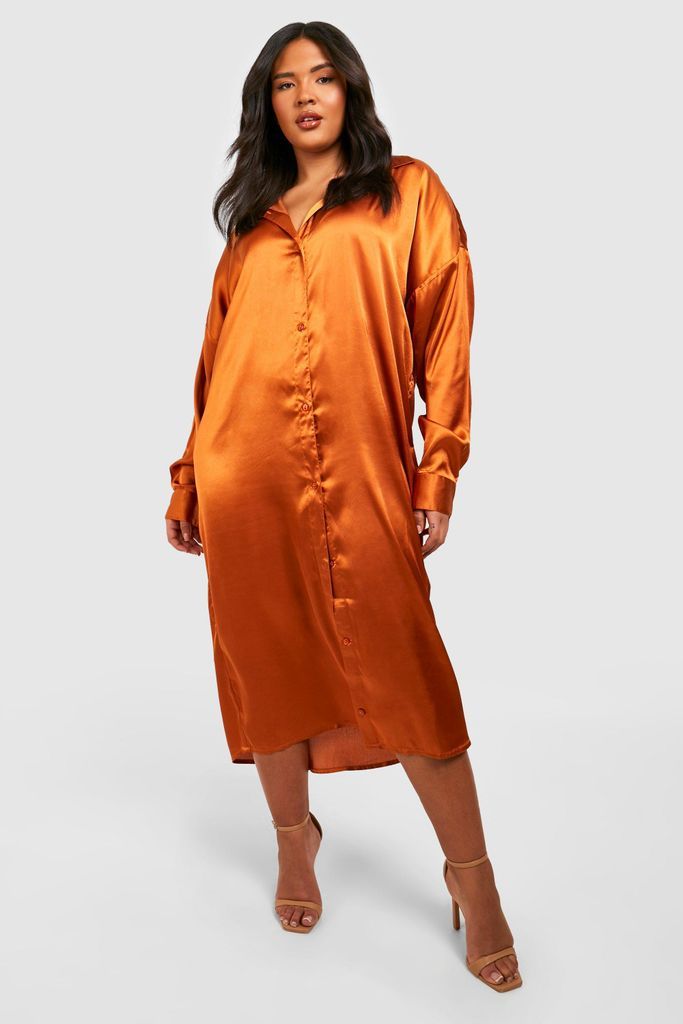 Womens Plus Satin Midi Shirt Dress - Orange - 16, Orange