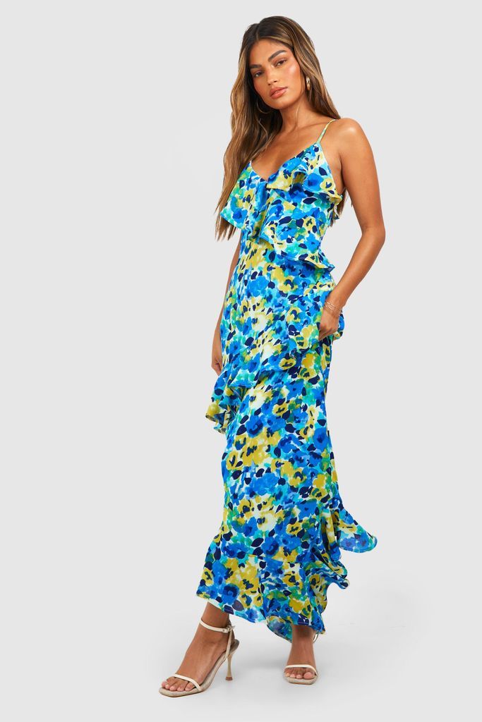 Womens Floral Woven Ruffle Maxi Dress - Blue - 10, Blue