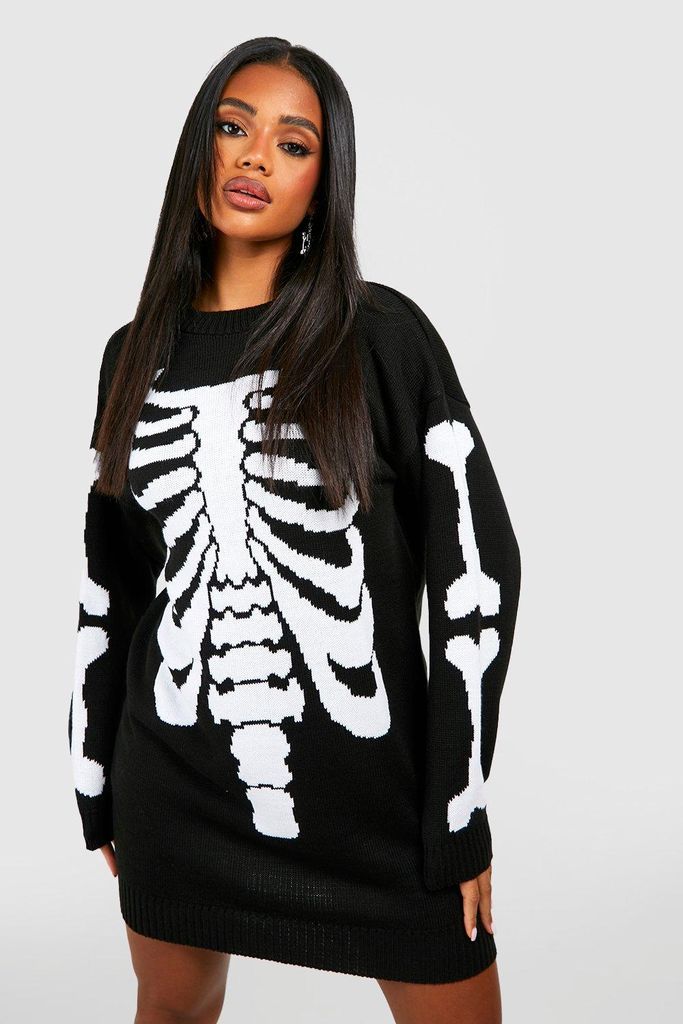 Womens Halloween Skeleton Knitted Jumper Dress - Black - S, Black