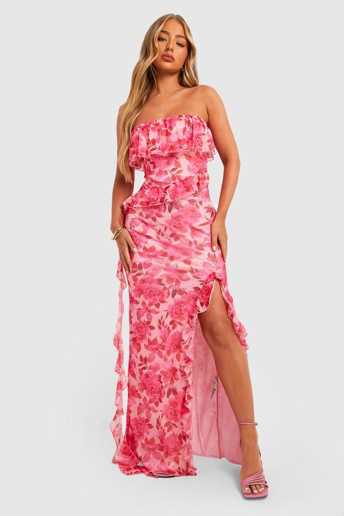 Womens Floral Ruffle Bandeau Maxi Dress - Pink - 16, Pink