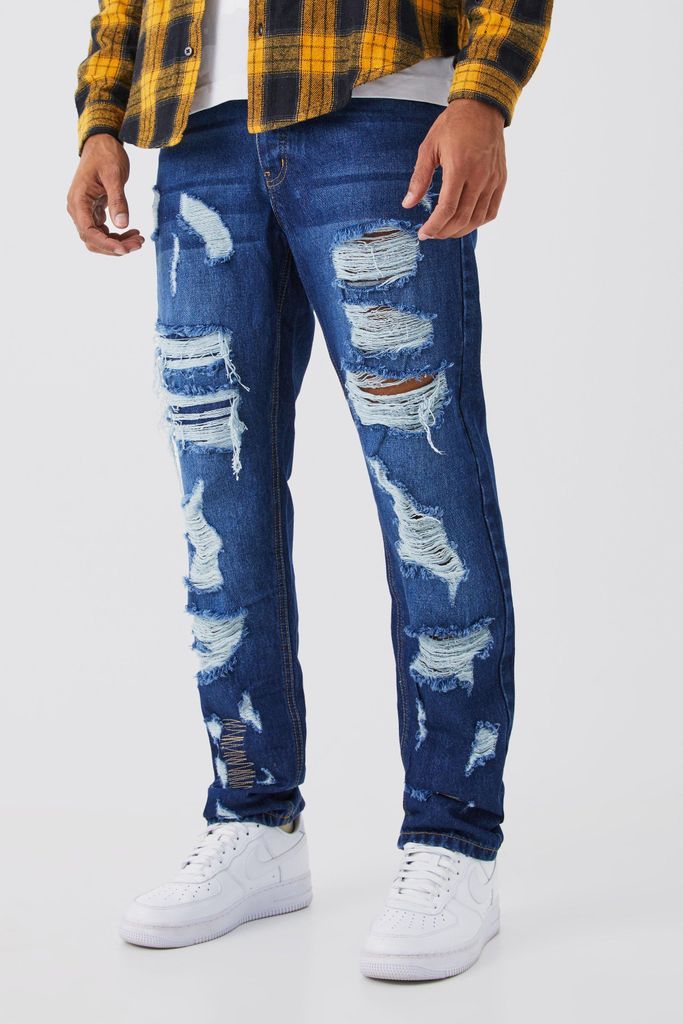 Men's Straight Rigid All Over Ripped Jeans - Blue - 28R, Blue