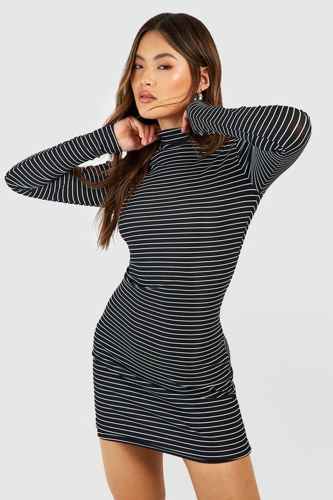 Womens High Neck Stripe Mini Dress - Black - 8, Black
