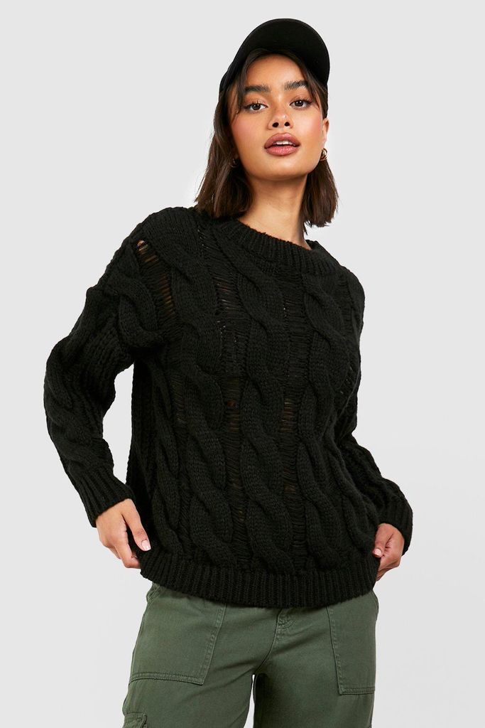 Womens Marl Distressed Cable Oversized Jumper - Black - S, Black
