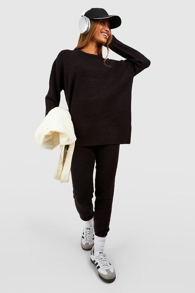 Womens Soft Knit Crew Neck Jumper & Trouser Co-Ord - Black - 8, Black