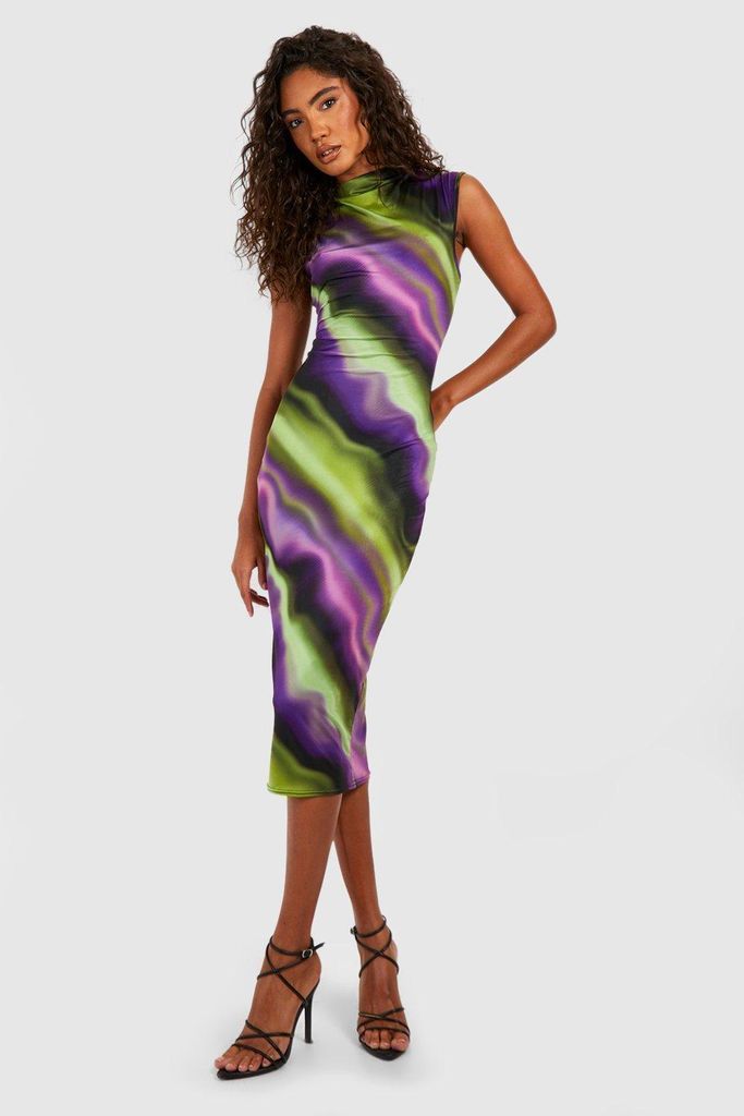 Womens Tall Abstract Wavy Slinky High Neck Midi Dress - Multi - 6, Multi