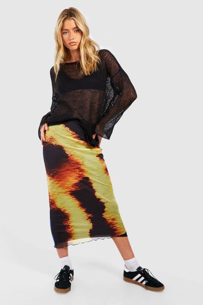 Womens Abstract Printed Mesh Midi Skirt - Black - 6, Black