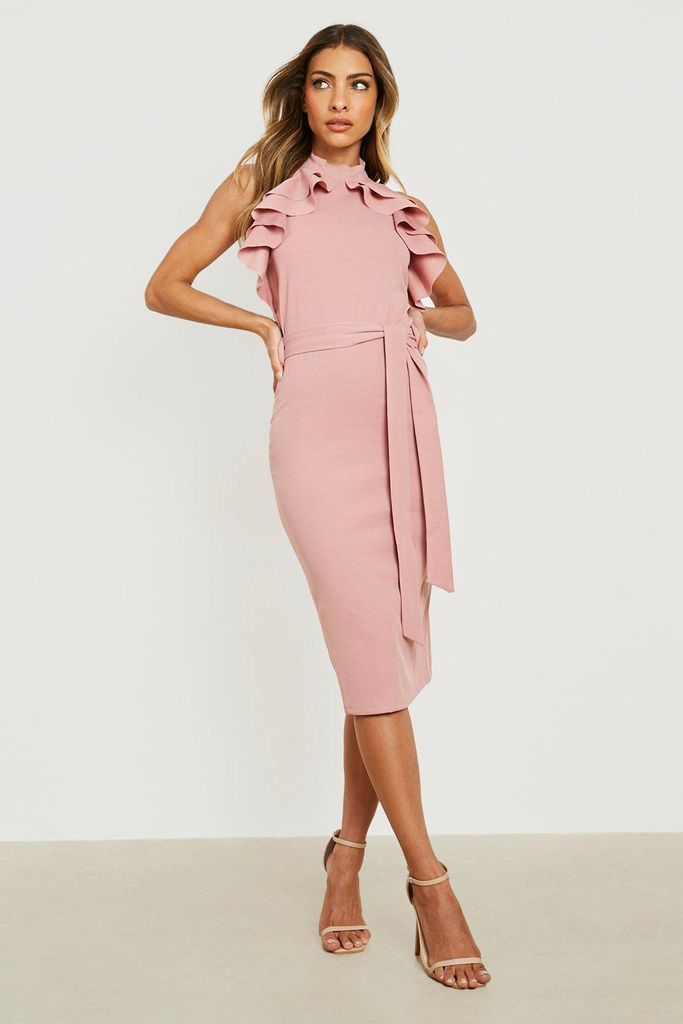 Womens Halter Neck Frill Detail Midi Dress - Pink - 16, Pink