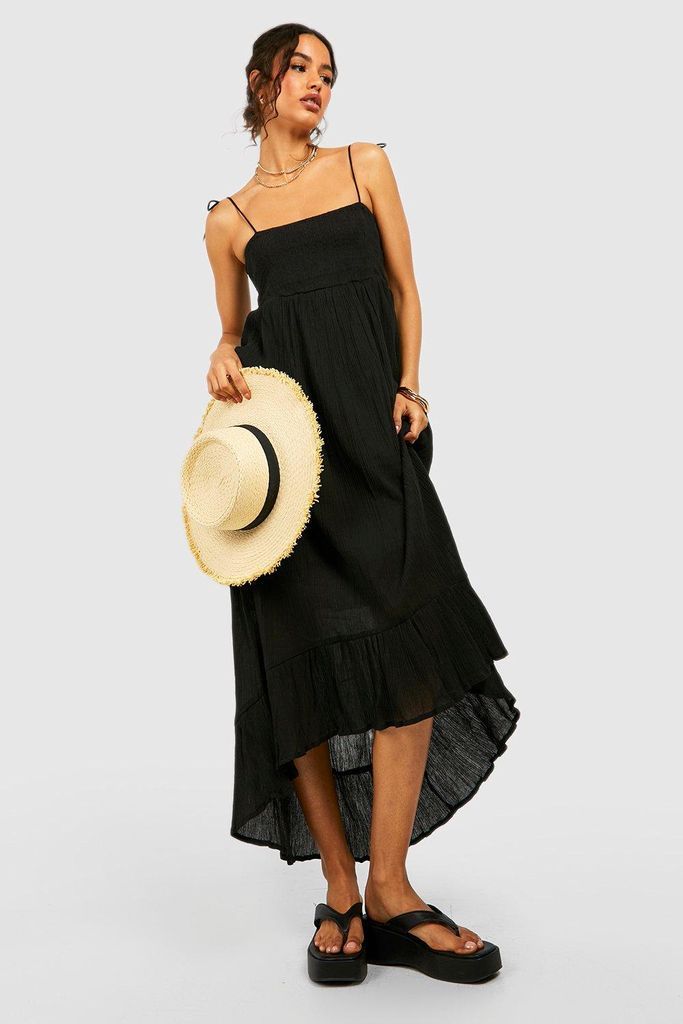 Womens Cheesecloth Shirred Ruffle Midi Dress - Black - 8, Black